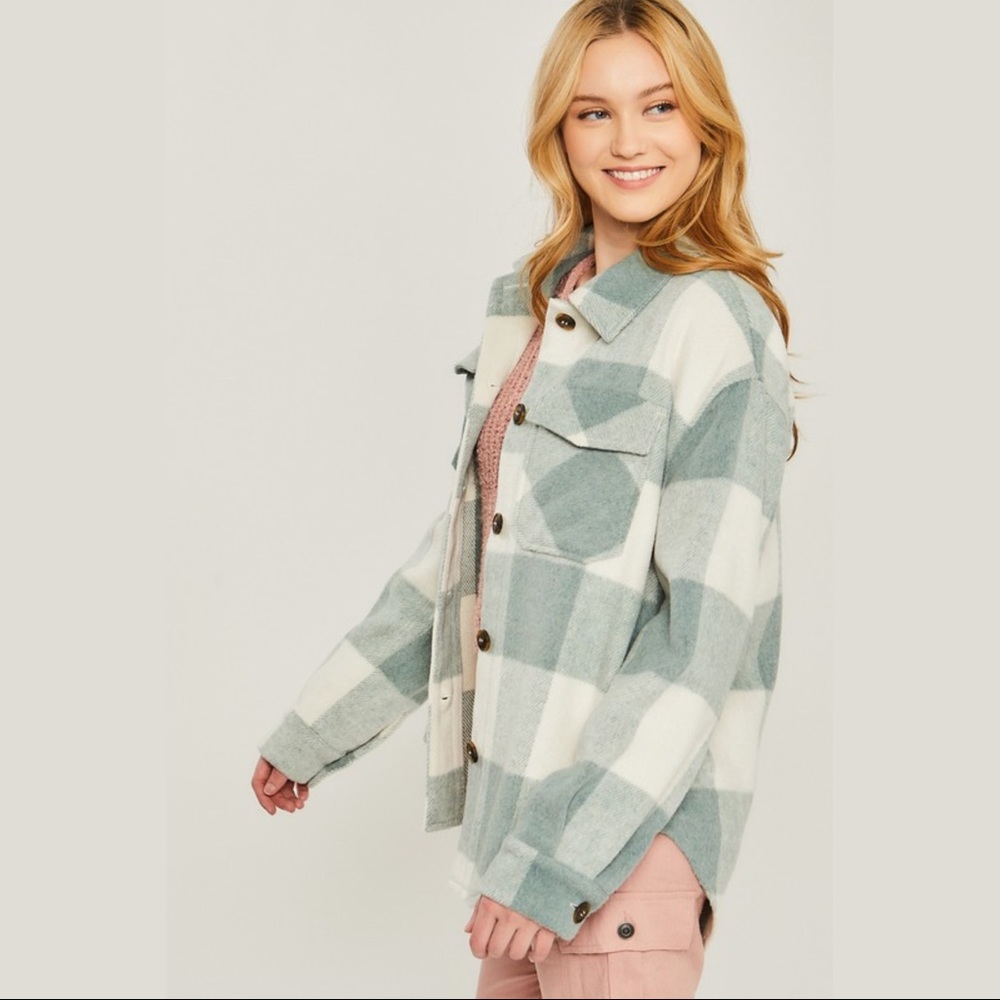 Sage Green Buffalo Plaid Shacket - Picture 2 of 7